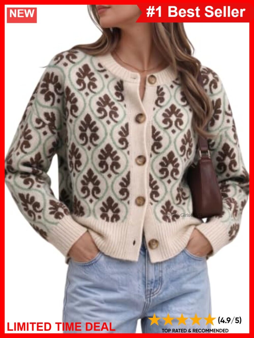Women Floral Knit Open Front Cardigan Button Down Long Sleeve Vintage Sweater